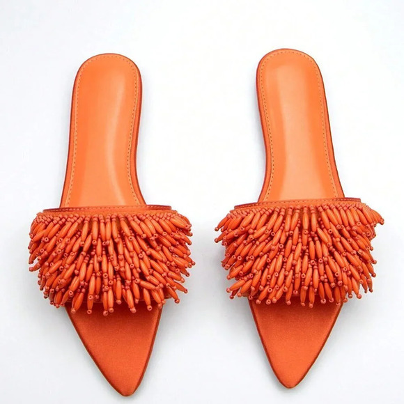 Shoes - Orange Funky Women's Bead Embroidery Decorated Fabric Flat Comfortable Sandals